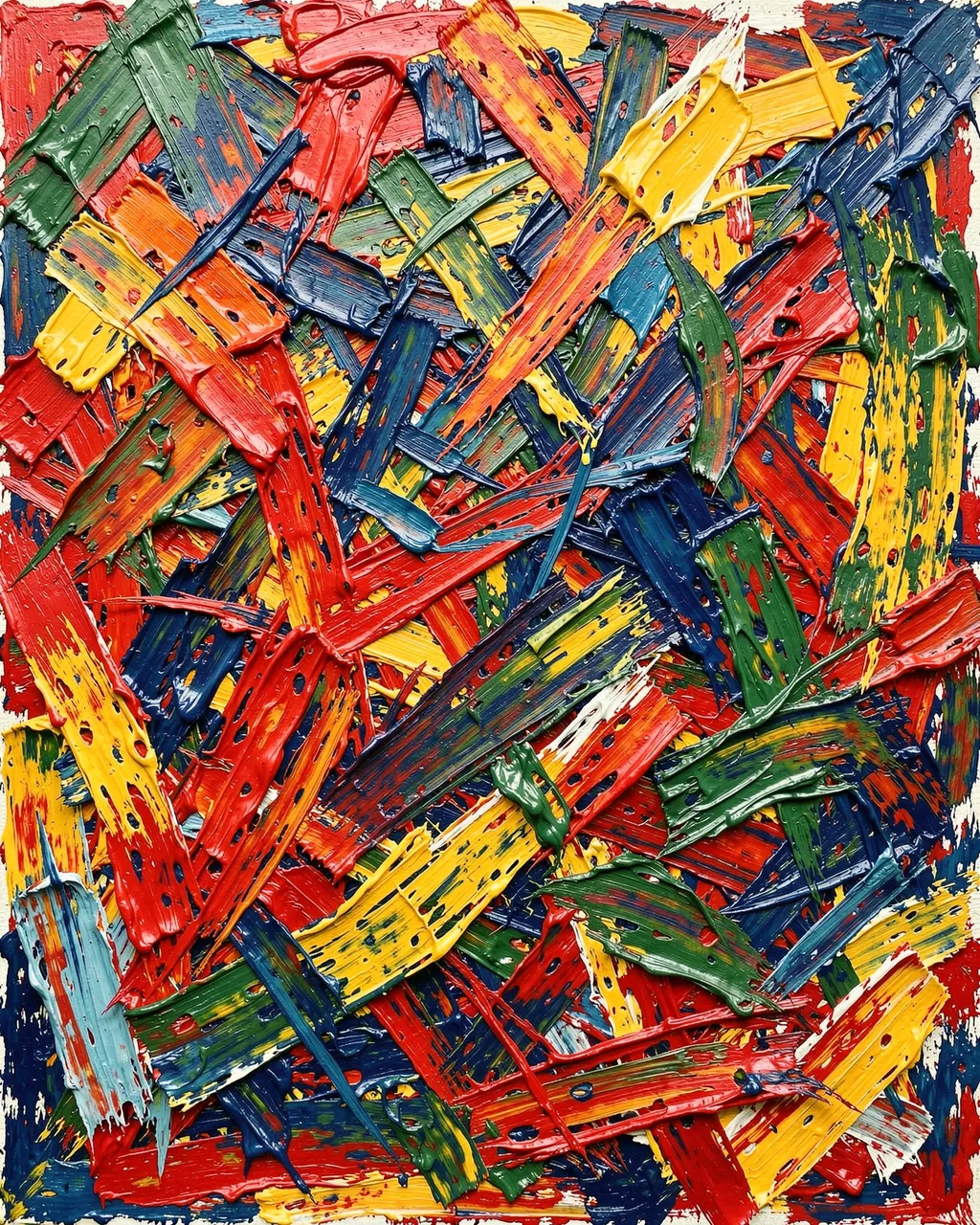 Dense impasto abstract oil painting with thick scraped overlapping strokes of red, yellow, green, and blue paint.