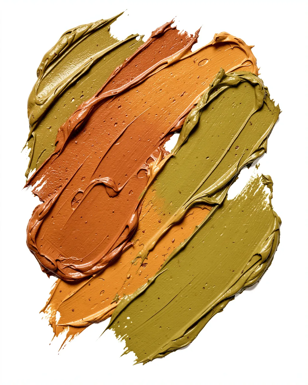 Thick palette knife paint strokes in ochre, rust and olive arranged on a plain white background