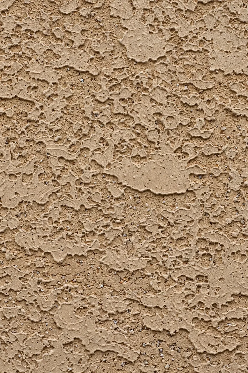 Full frame close-up of rough patterned tan stucco wall texture under flat even lighting