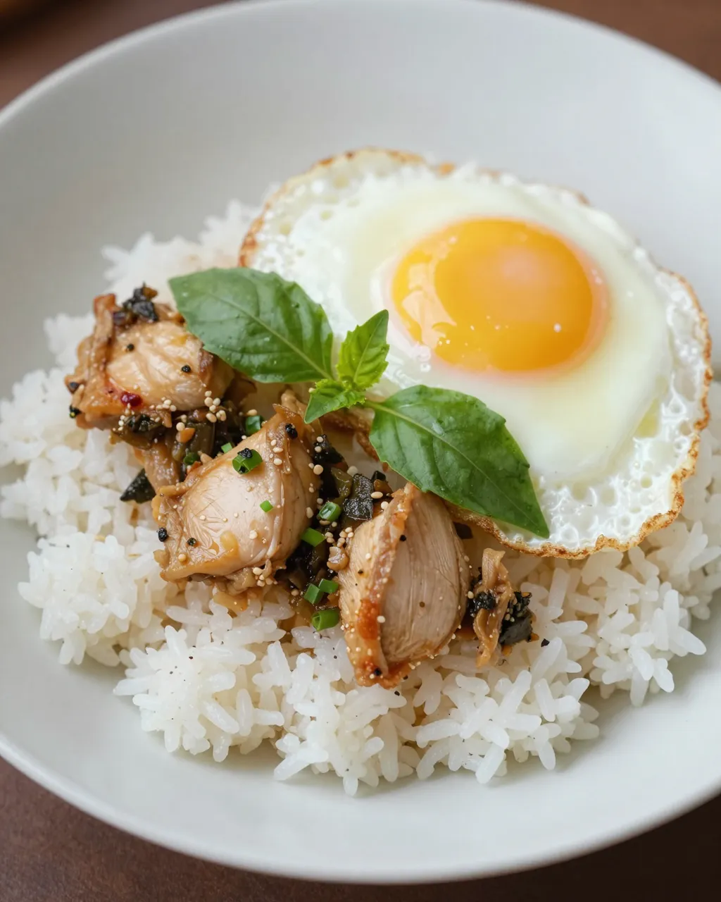 Bowl of white rice topped with stir-fried Thai basil chicken and a crispy fried egg