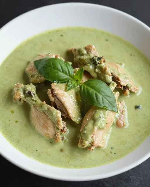 White bowl of creamy Thai green curry with chicken pieces and fresh basil garnish