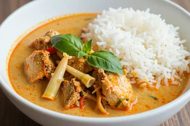 A bowl of creamy Thai red curry with chicken, bamboo shoots and basil, served alongside jasmine rice.