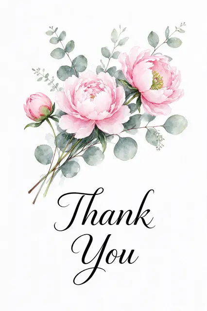 Watercolor pink peony and eucalyptus bouquet above elegant black script reading "Thank You" on white paper