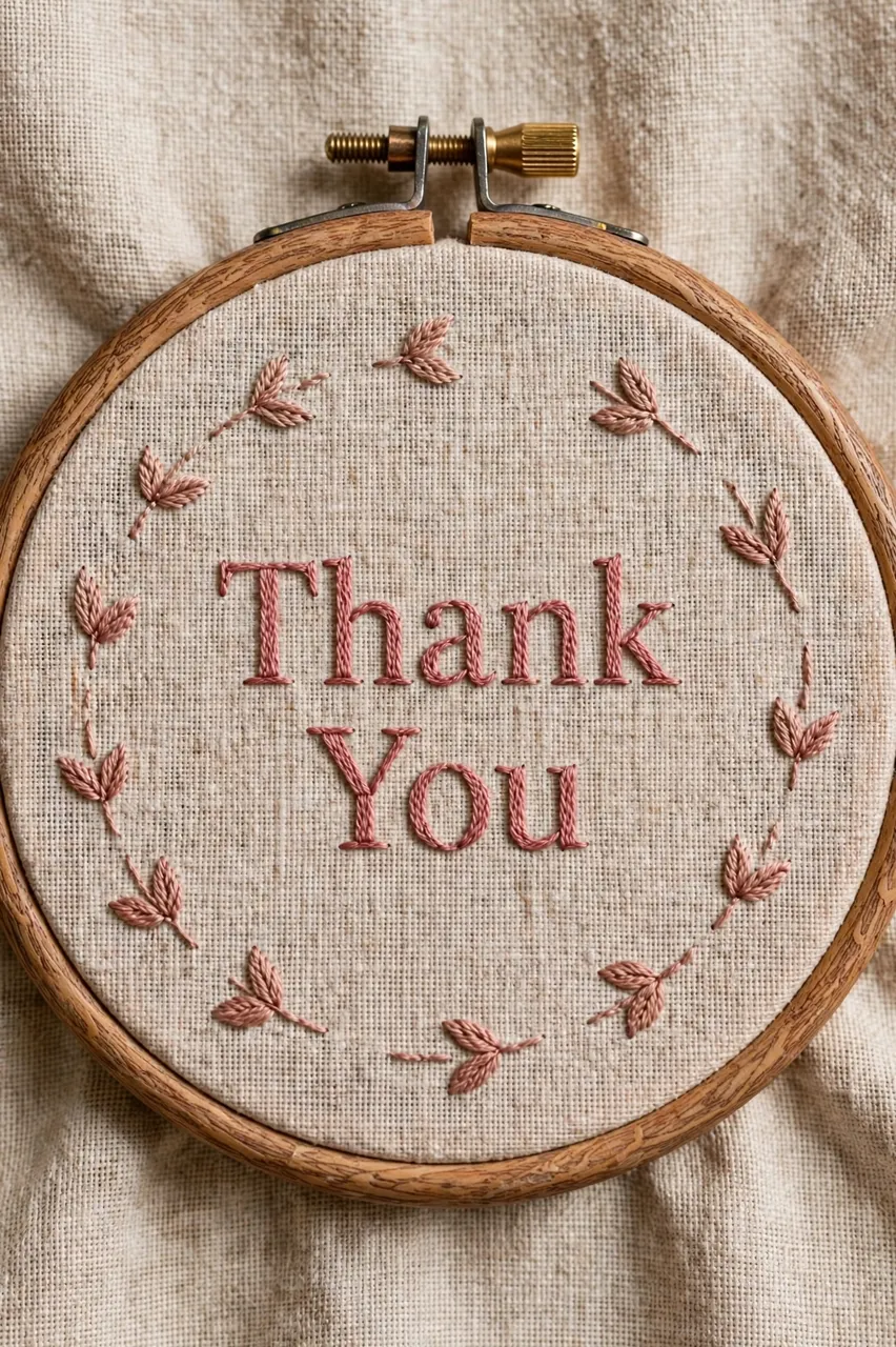 Wooden embroidery hoop on natural linen stitched with dusty rose 'Thank You' lettering and small leaf details