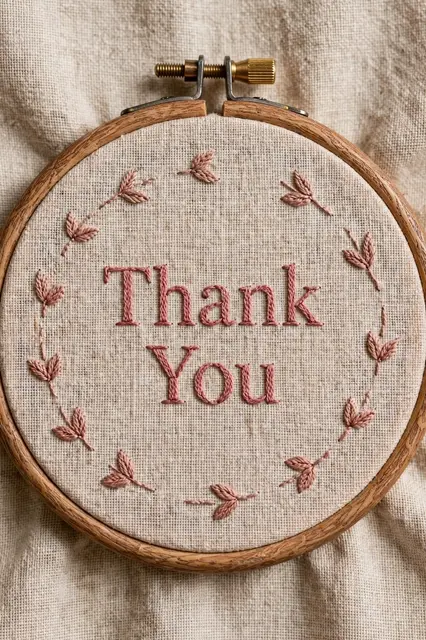 Wooden embroidery hoop on natural linen stitched with dusty rose 'Thank You' lettering and small leaf details