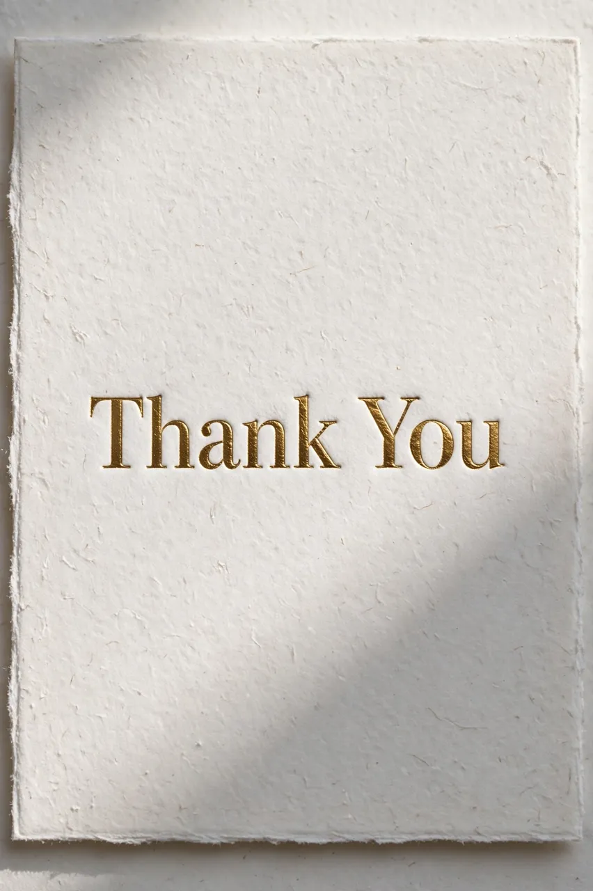 Embossed gold foil 'Thank You' lettering rests on textured thick white deckled cardstock with soft raking daylight.
