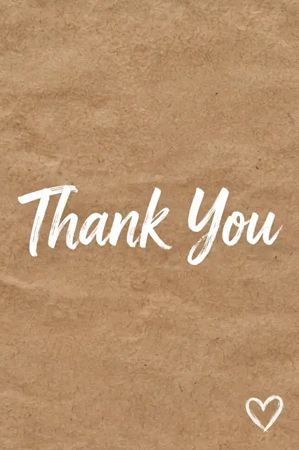 White brush lettering reading "Thank You" and a small hand-drawn white heart on a textured kraft paper background