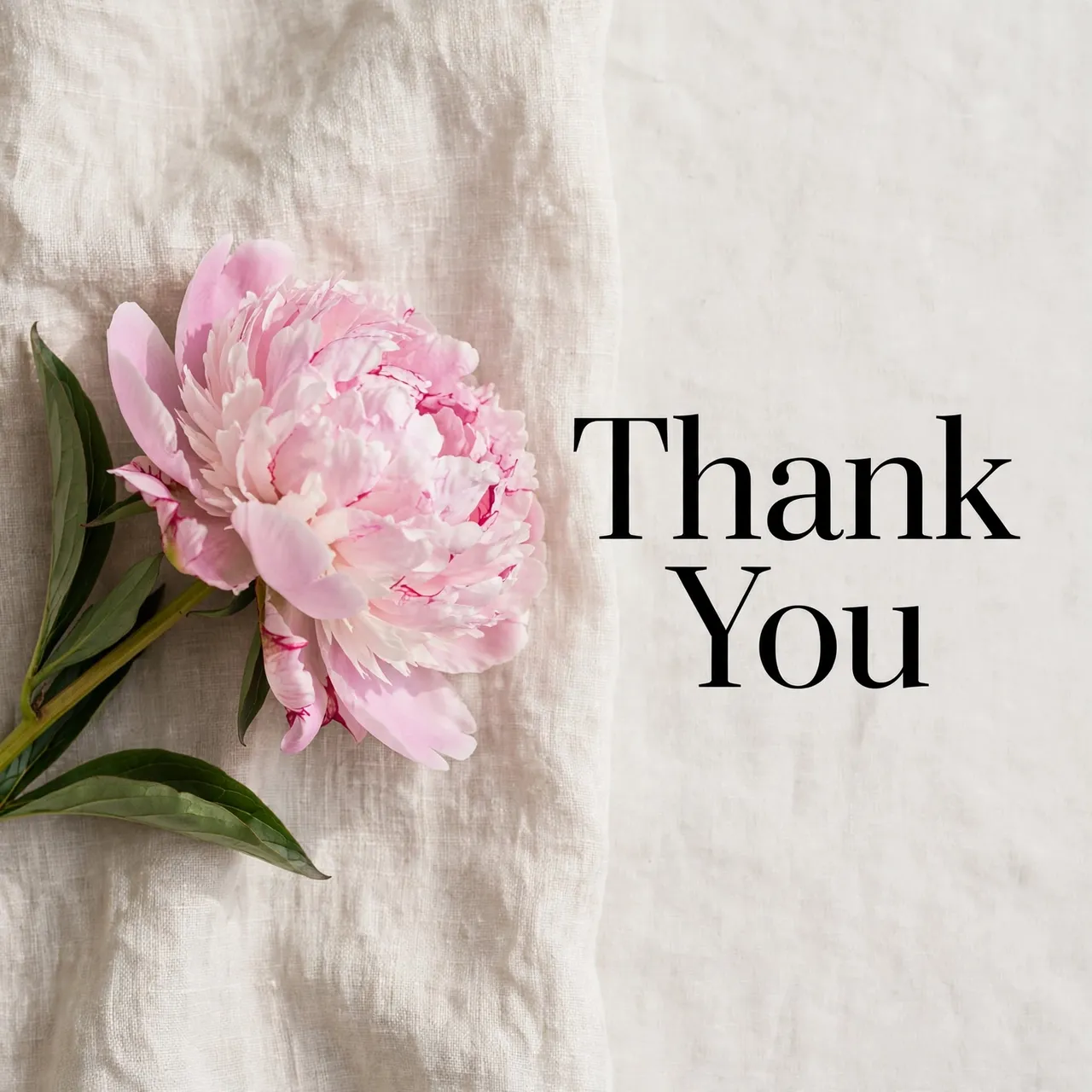 "Thank You" in black serif type next to a single pink peony on pale linen fabric