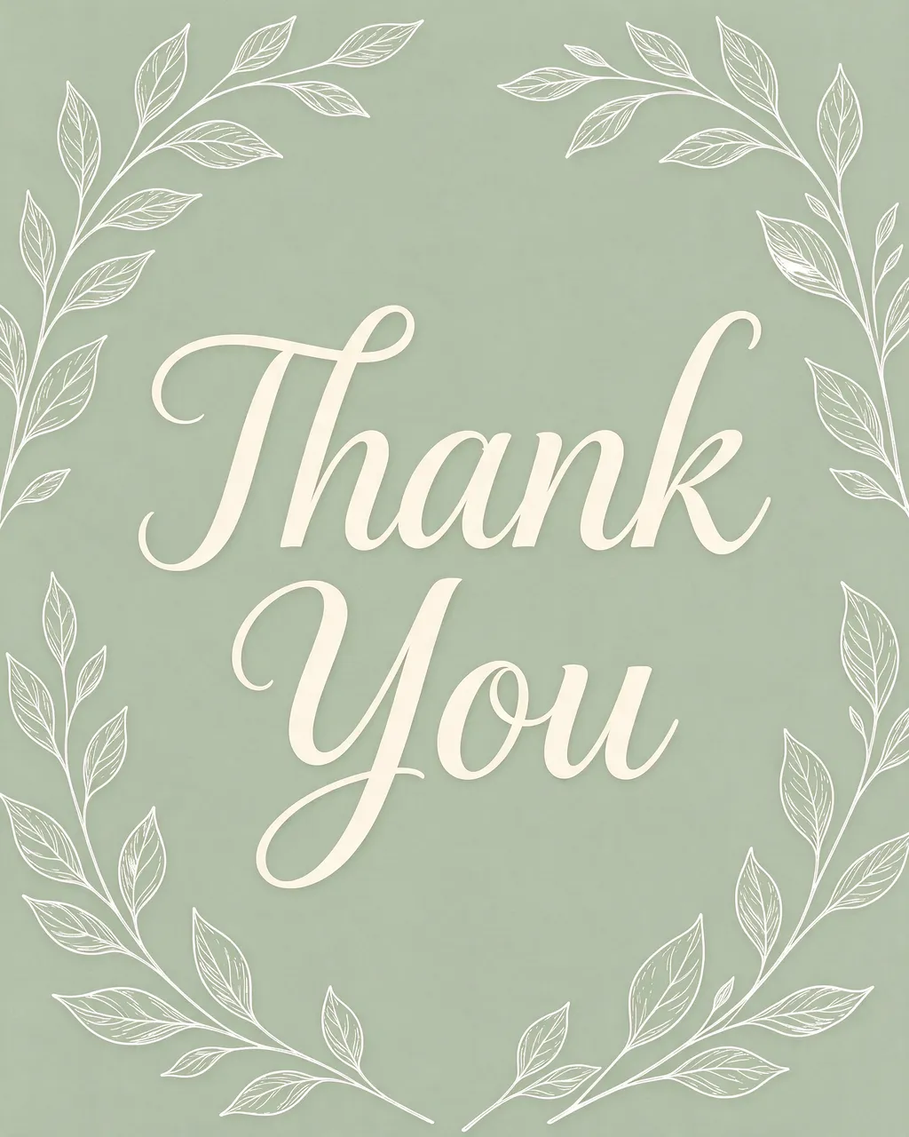 "Thank You" in cream script centered on a soft sage green background framed with delicate white line-drawn leaves