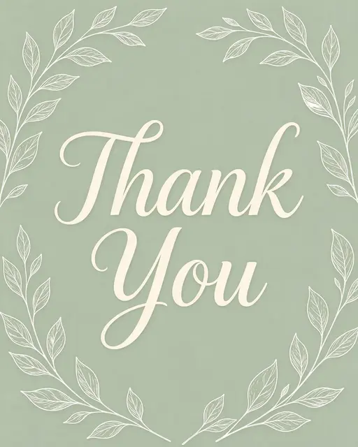 "Thank You" in cream script centered on a soft sage green background framed with delicate white line-drawn leaves