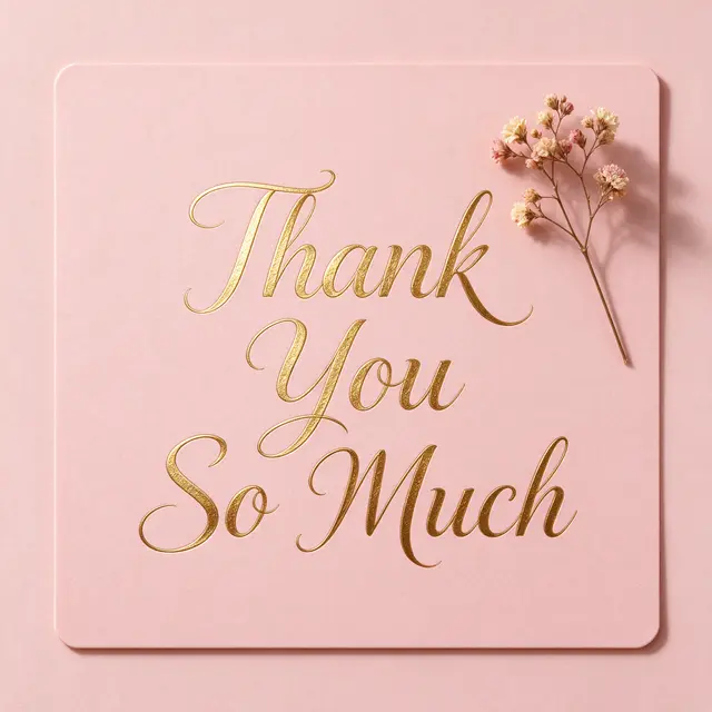 Blush pink card with gold foil script reading "Thank You So Much" paired with a small dried flower sprig under soft light
