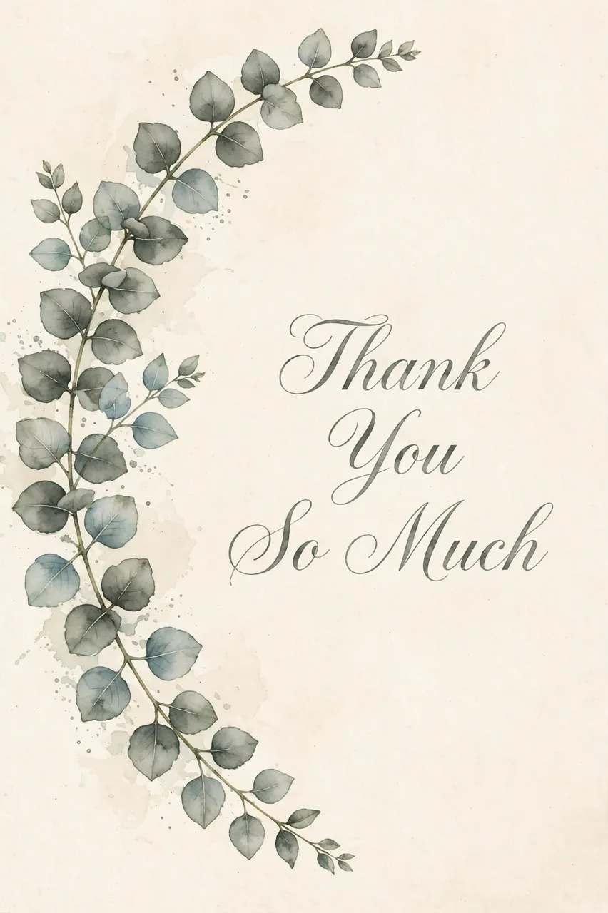 Watercolor eucalyptus sprig on cream paper with elegant script reading "Thank You So Much"