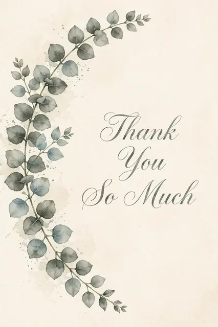 Watercolor eucalyptus sprig on cream paper with elegant script reading "Thank You So Much"