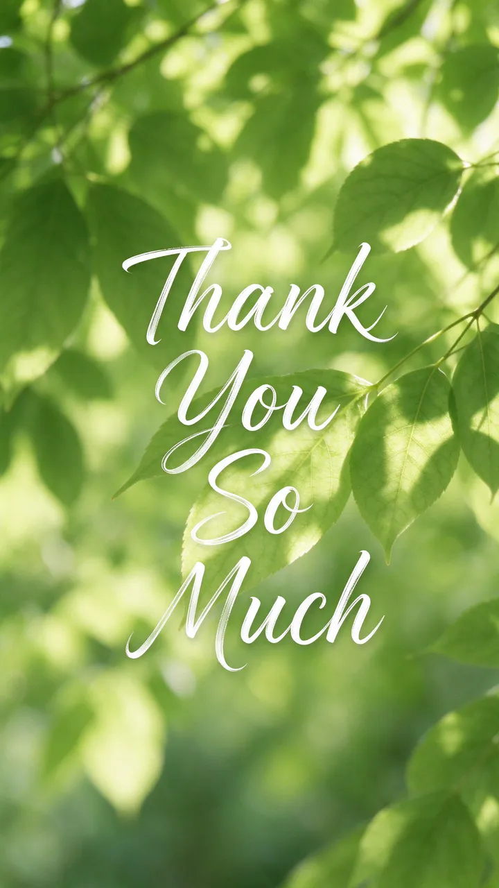 White cursive text reading "Thank You So Much" over soft out of focus sunlit green tree leaves