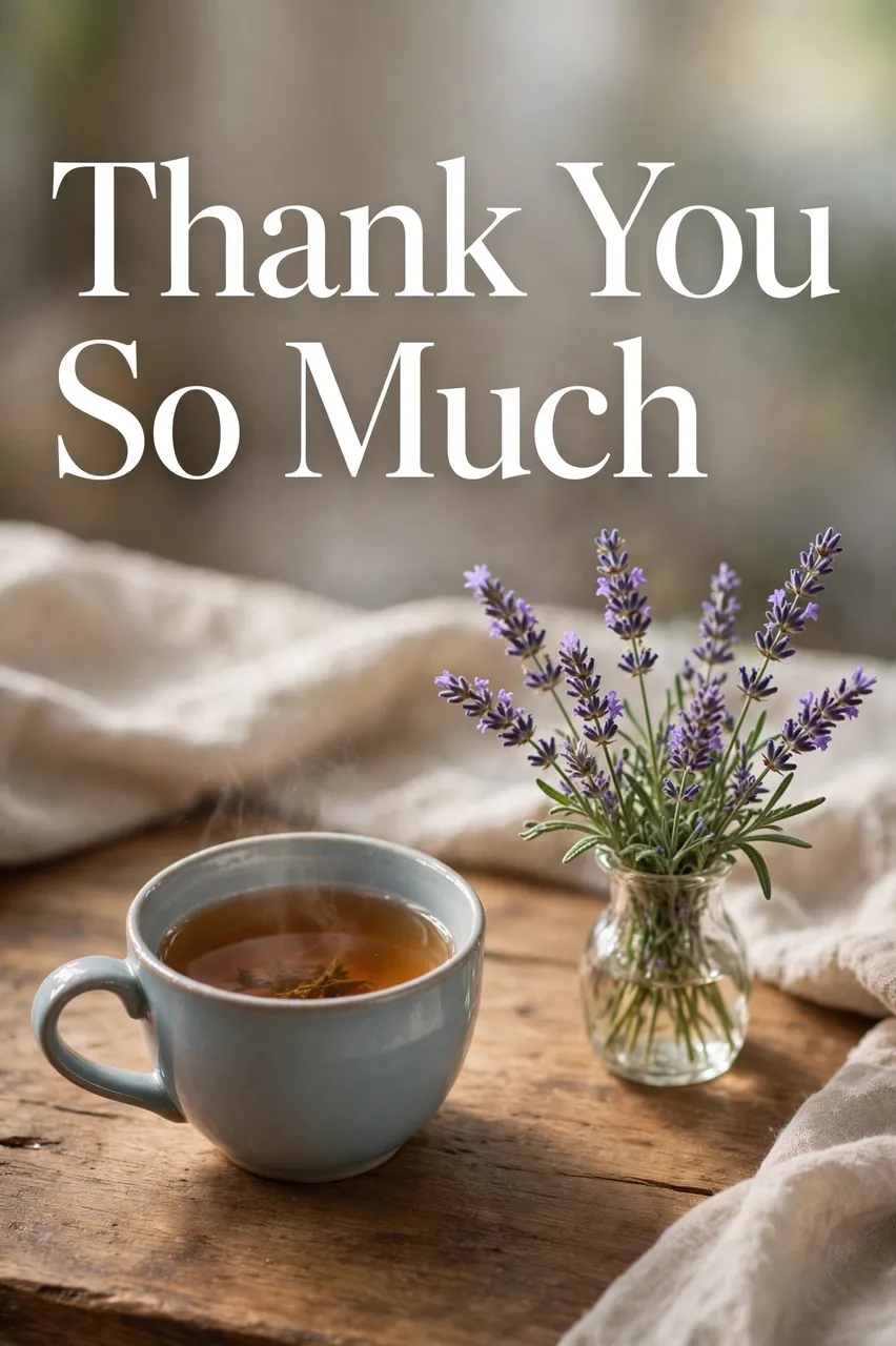 "Thank You So Much" serif text sits above a steamy tea cup and lavender vase on a wooden table in soft light