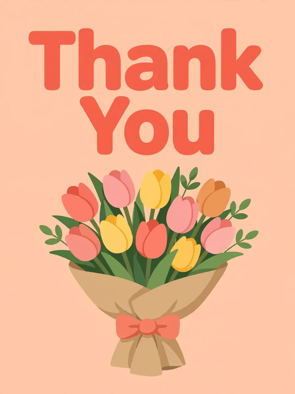 Bold coral 'Thank You' text sits above a wrapped tulip bouquet on a peach background