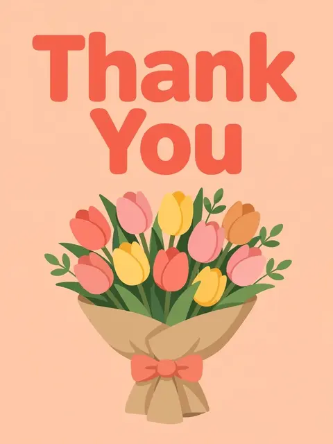Bold coral 'Thank You' text sits above a wrapped tulip bouquet on a peach background