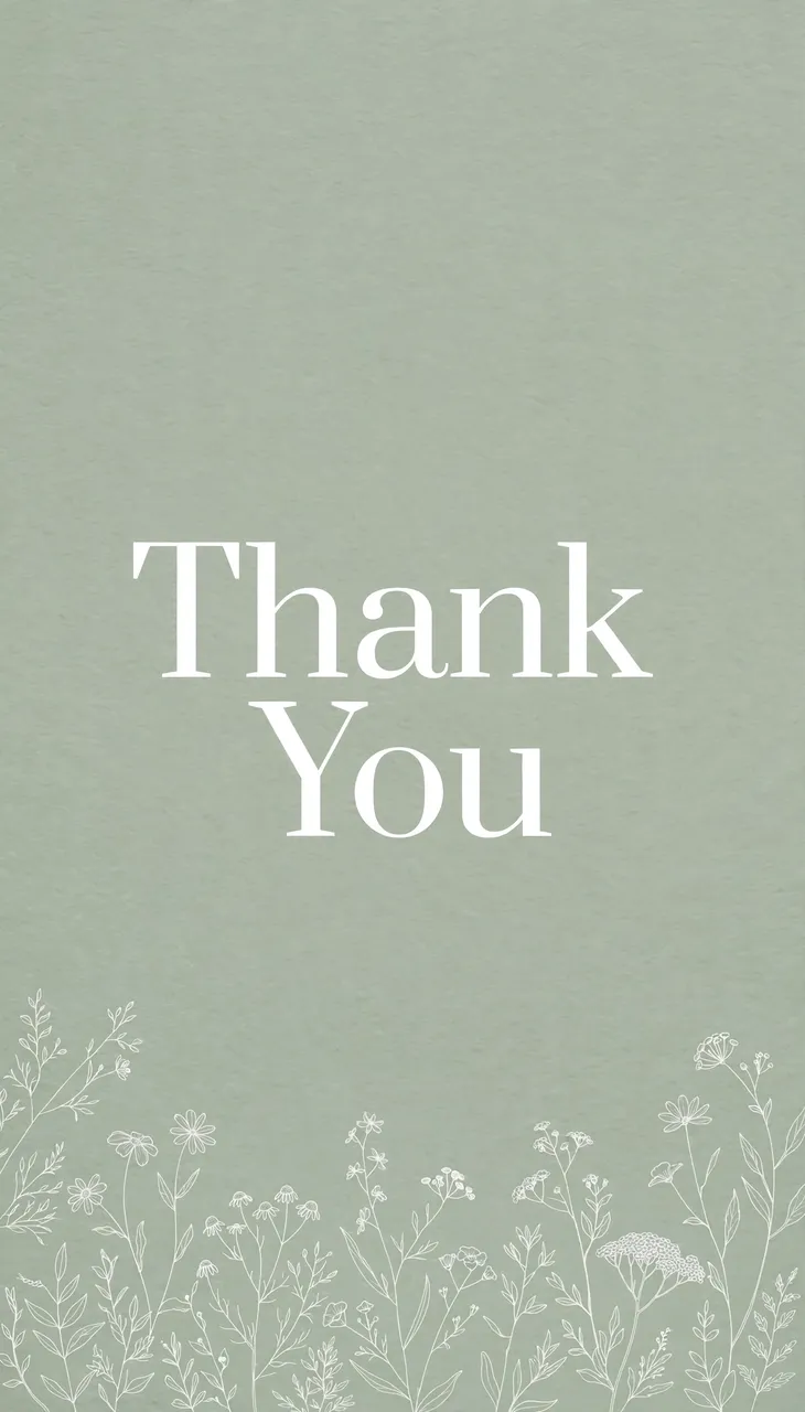 "Thank You" in white serif type on a soft sage green background with delicate white wildflower line drawings along the