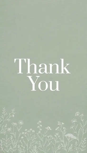 "Thank You" in white serif type on a soft sage green background with delicate white wildflower line drawings along the