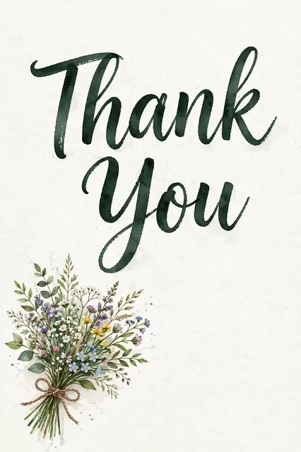 "Thank You" in dark green brush script above a watercolor wildflower bouquet tied with twine on off-white paper