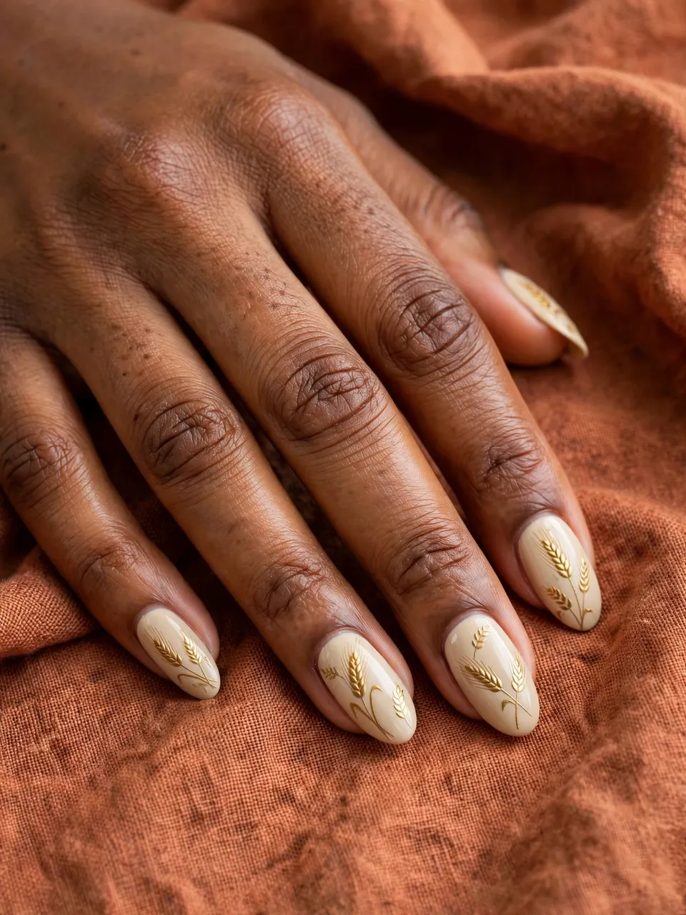 Close-up of a Black woman's hand with wheat-designed cream almond nails resting on rust linen fabric