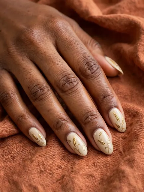 Close-up of a Black woman's hand with wheat-designed cream almond nails resting on rust linen fabric