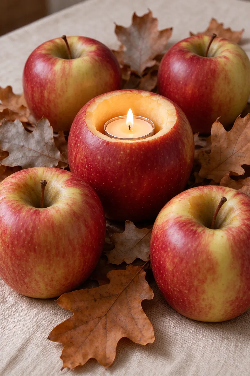 Hollowed apple tealight holder surrounded by whole apples and oak leaves on a linen tablecloth