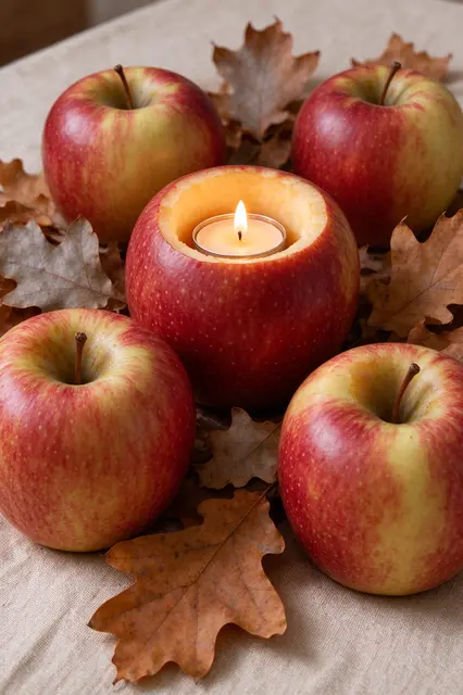 Hollowed apple tealight holder surrounded by whole apples and oak leaves on a linen tablecloth