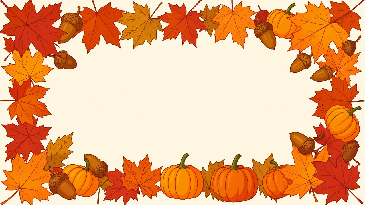 A flat vector frame of maple leaves, acorns and small pumpkins surrounds an empty cream center.
