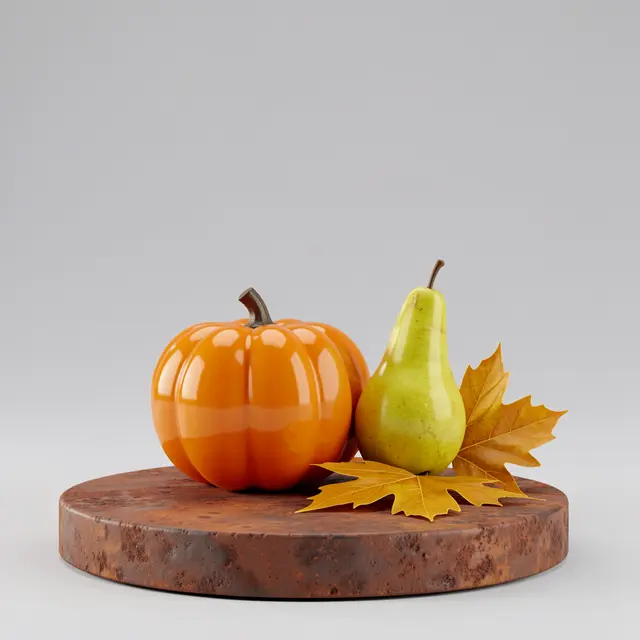 Glossy pumpkin, pear and golden maple leaves rest on a rusted circular pedestal against a plain light gray background.