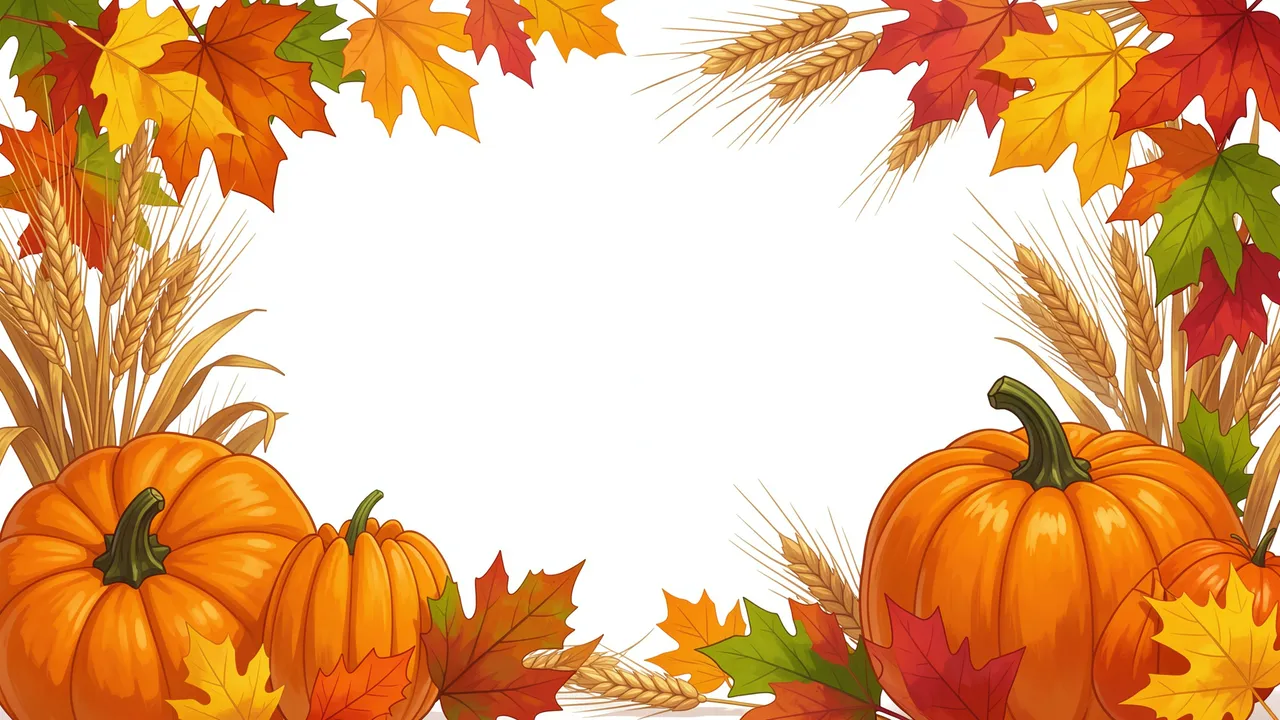 Decorative border of pumpkins, maple leaves and wheat frames a blank white center space