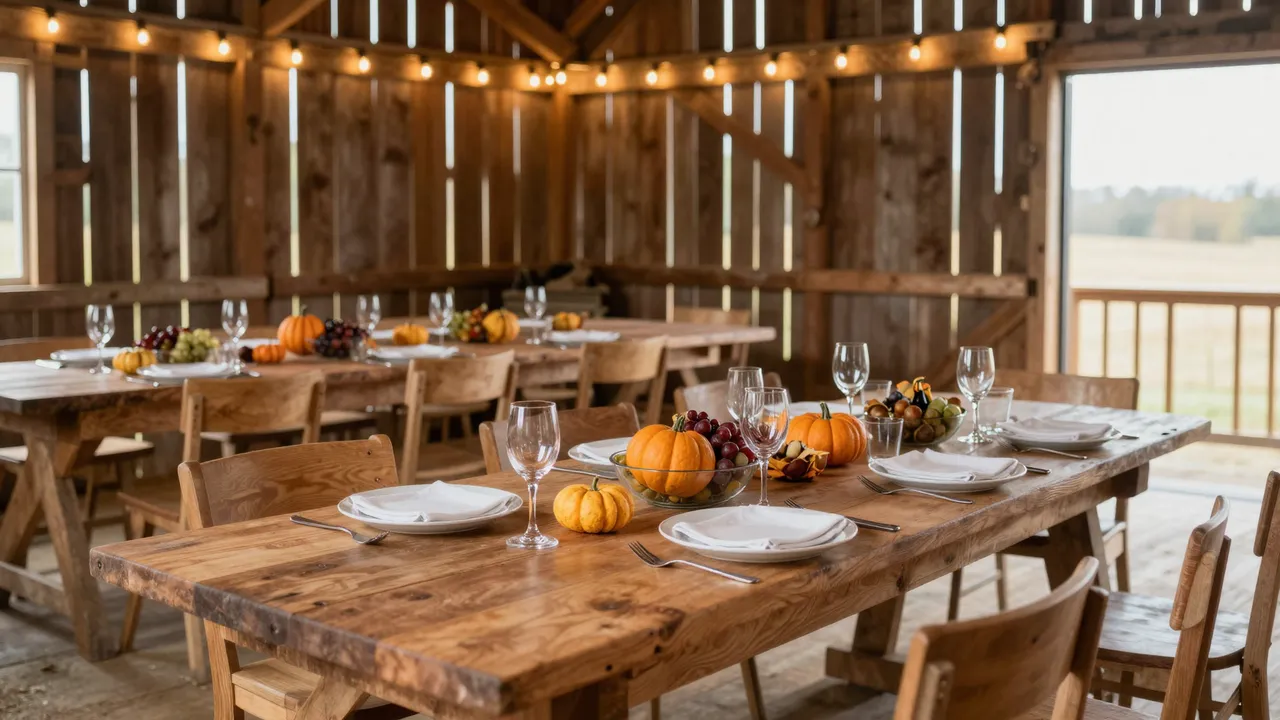 Empty long wooden tables set for a Thanksgiving meal inside a rustic barn with glowing string lights