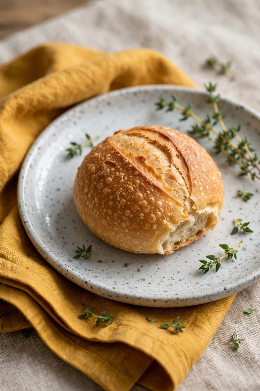 A small crusty bread loaf rests on a speckled plate with fresh thyme and a mustard napkin.