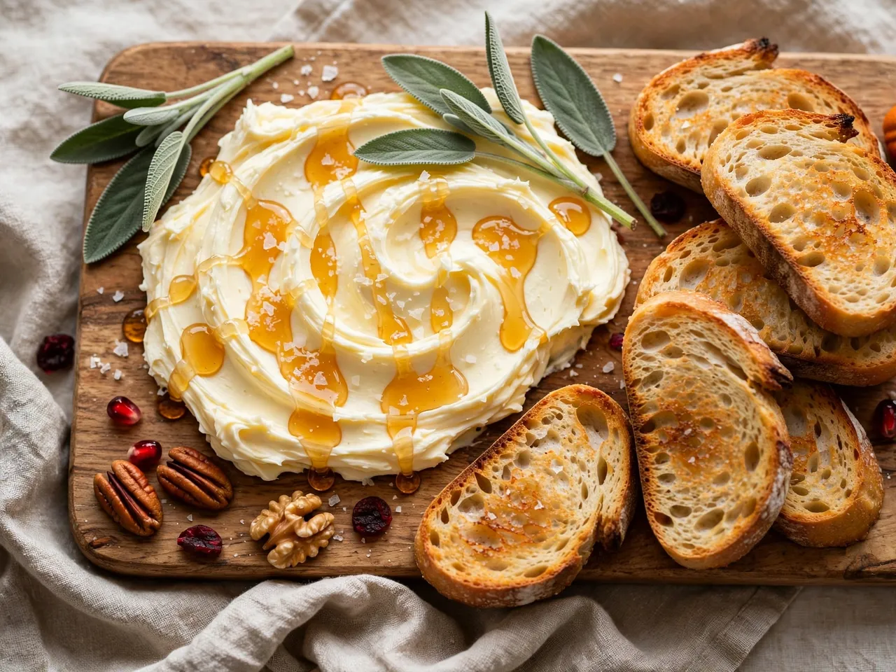 Whipped butter drizzled with honey sits on a wooden board alongside toasted bread, sage and nuts
