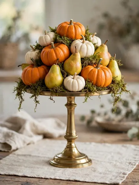 Brass cake stand holding stacked mini pumpkins, pears and moss as a fall Thanksgiving centerpiece.
