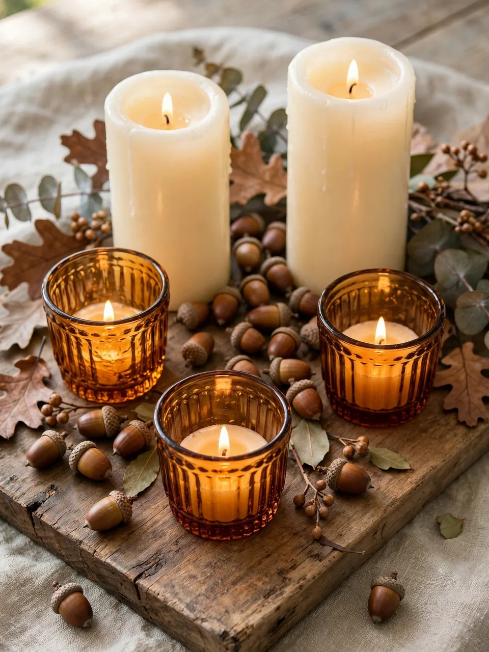 Lit amber glass votives, ivory pillar candles and scattered acorns rest on a rustic wooden board.