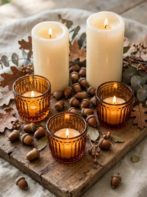 Lit amber glass votives, ivory pillar candles and scattered acorns rest on a rustic wooden board.
