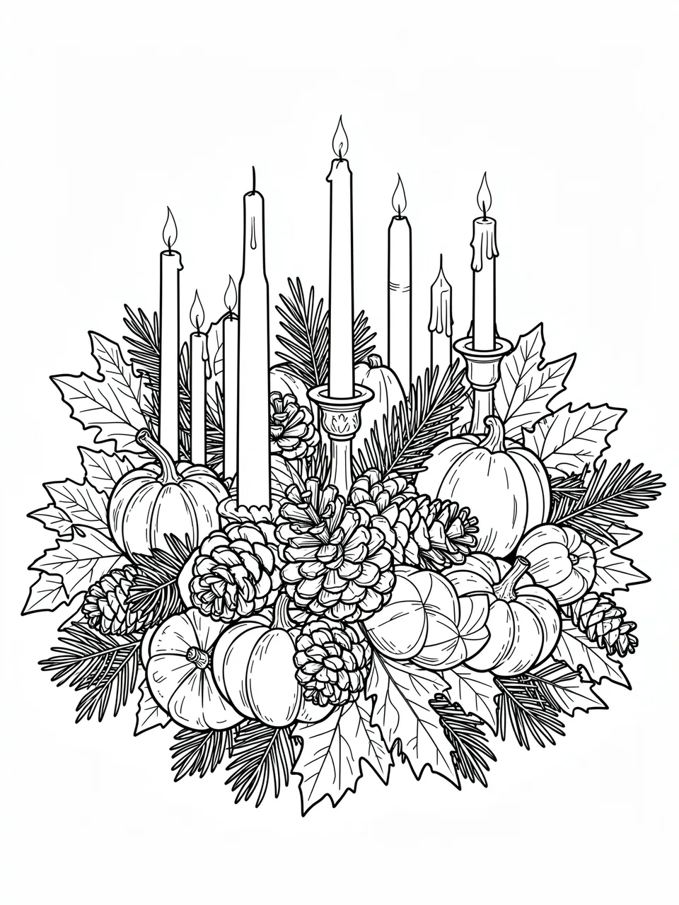 Intricate black and white line art of a Thanksgiving centerpiece with candles, gourds, pinecones and autumn leaves on a