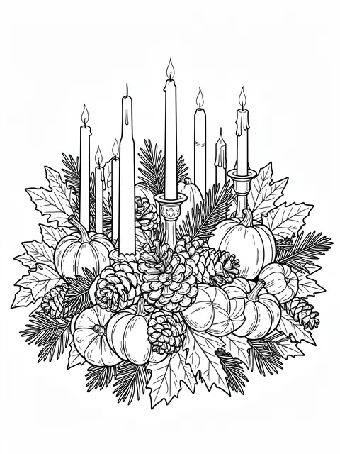 Intricate black and white line art of a Thanksgiving centerpiece with candles, gourds, pinecones and autumn leaves on a