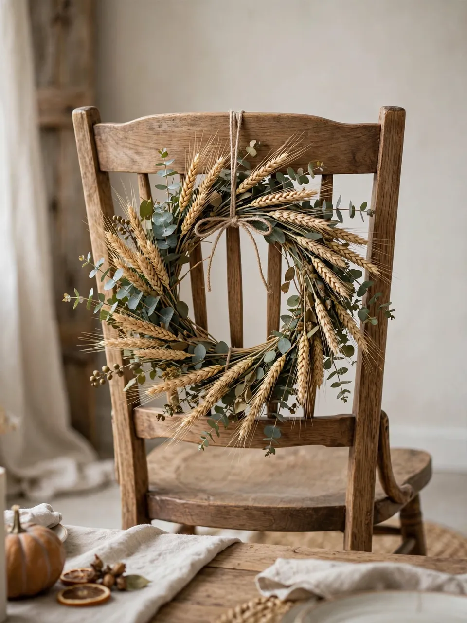 A wooden dining chair displays a decorative wheat and eucalyptus wreath for fall Thanksgiving styling
