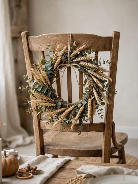 A wooden dining chair displays a decorative wheat and eucalyptus wreath for fall Thanksgiving styling