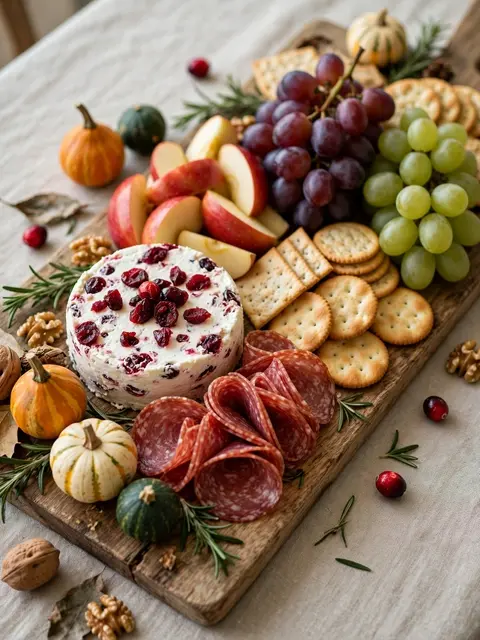 Rustic wooden charcuterie board arranged with cheese, cured meat, fruit, crackers and small fall gourds.