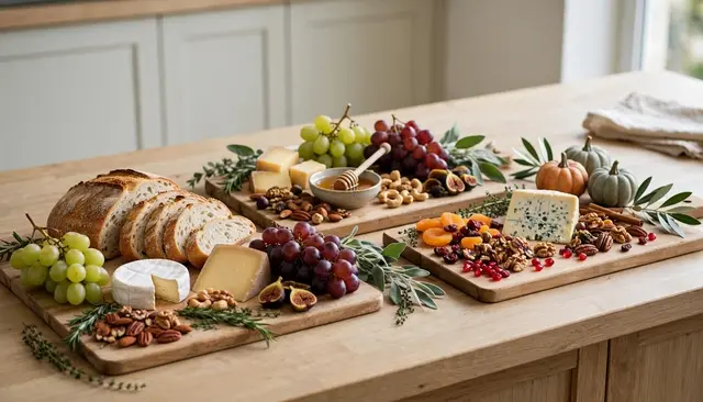 Assorted cheese boards with bread, grapes, nuts and fall decor arranged on a light wood kitchen island