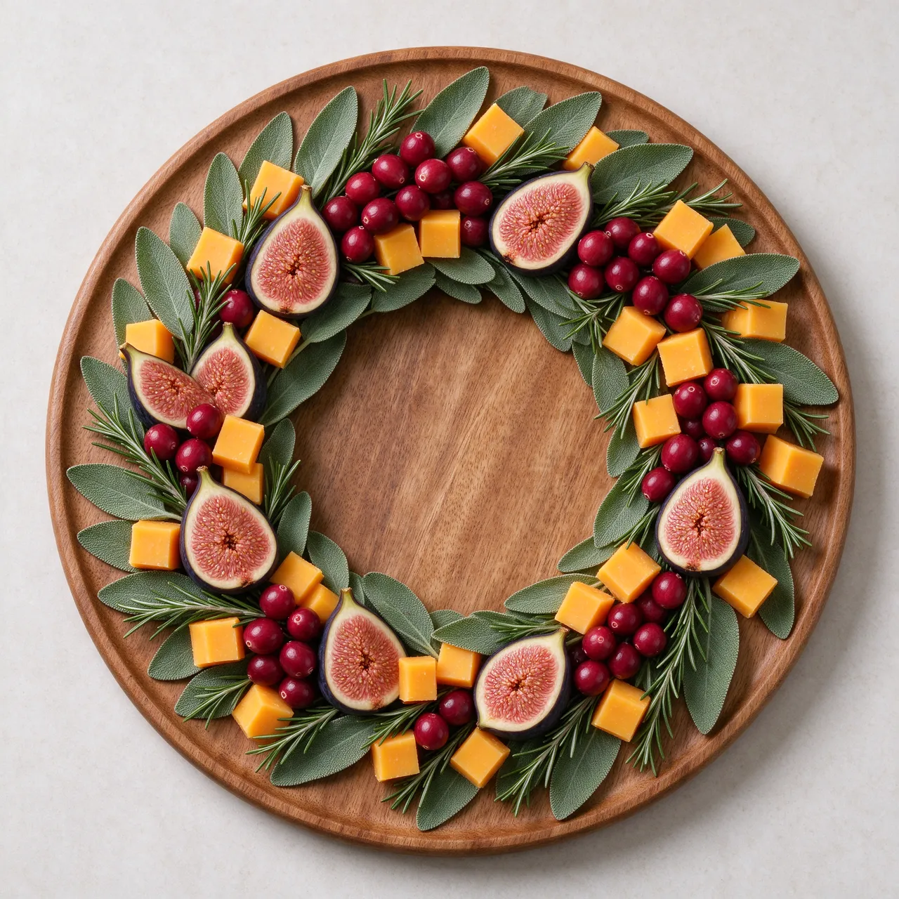 Overhead view of a festive charcuterie wreath arranged on a round wooden board on a light neutral surface