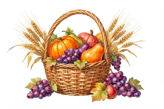 Watercolor illustration of a wicker basket overflowing with fall produce on a plain white background