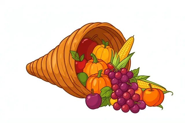 Flat cartoon clipart of a spilling cornucopia filled with autumn produce isolated on a white background