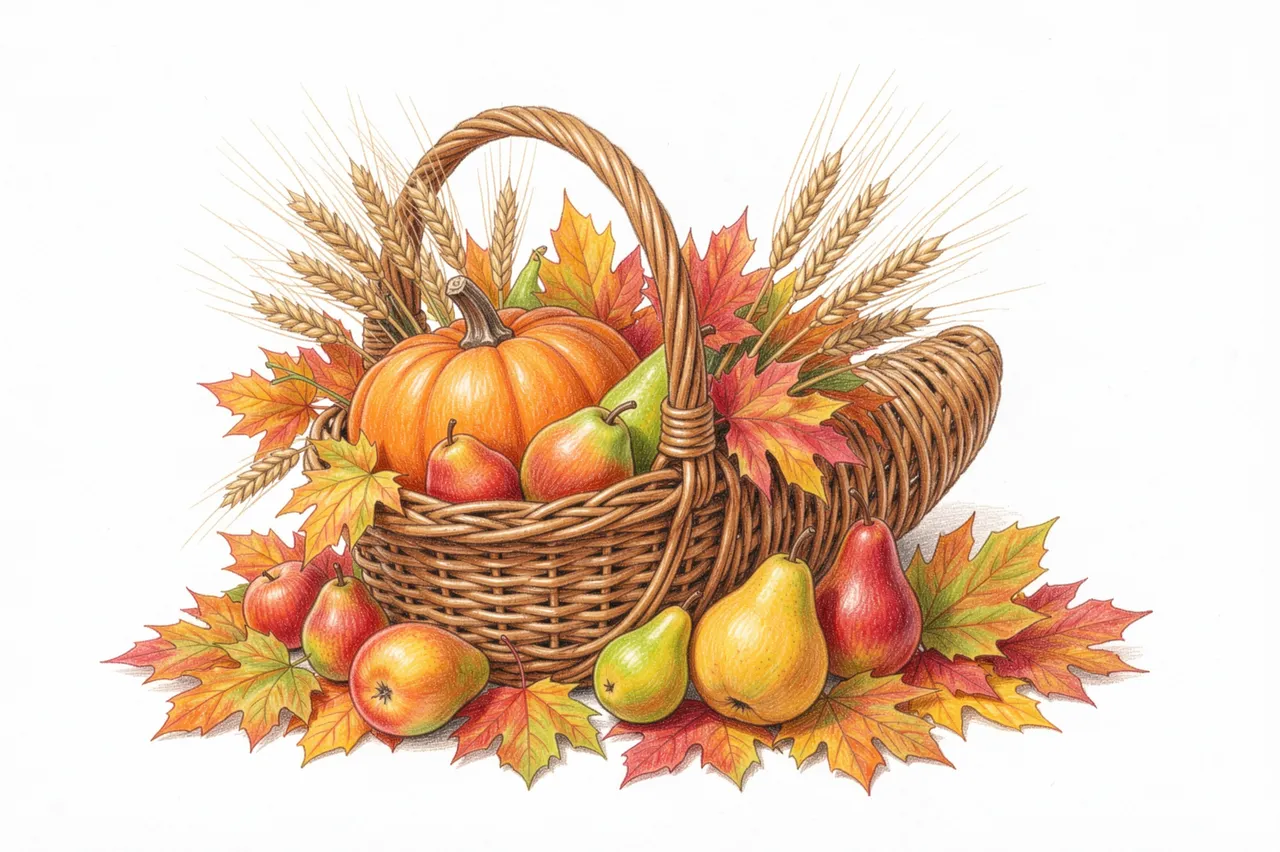Colored pencil drawing of a wicker cornucopia overflowing with fall produce and autumn leaves on white paper