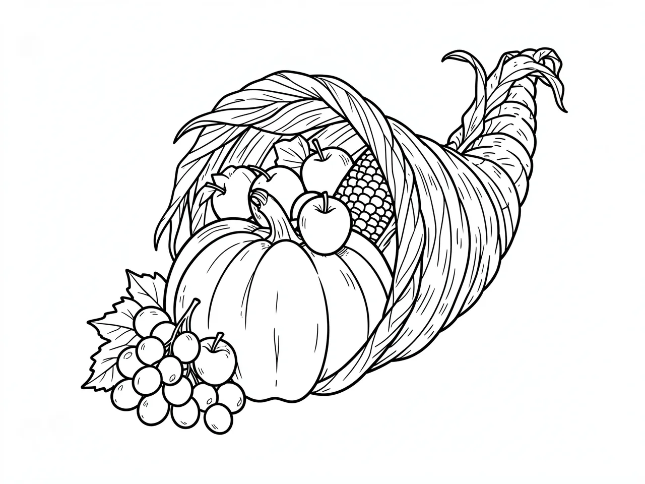 Simple black line drawing of a spilling cornucopia with fall harvest produce on a white background