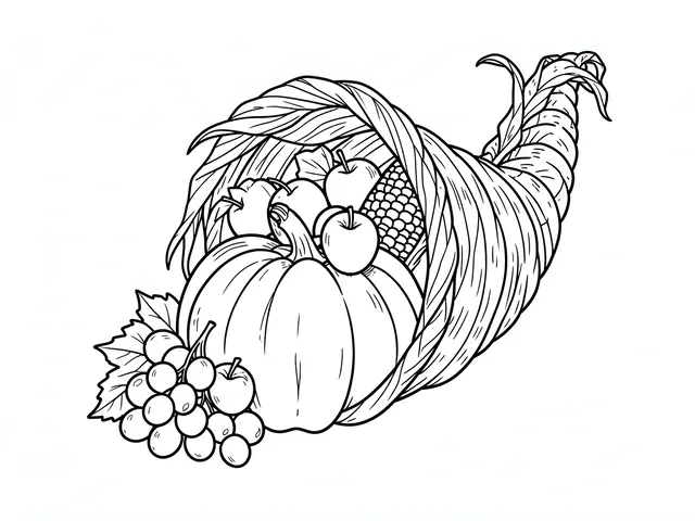Simple black line drawing of a spilling cornucopia with fall harvest produce on a white background