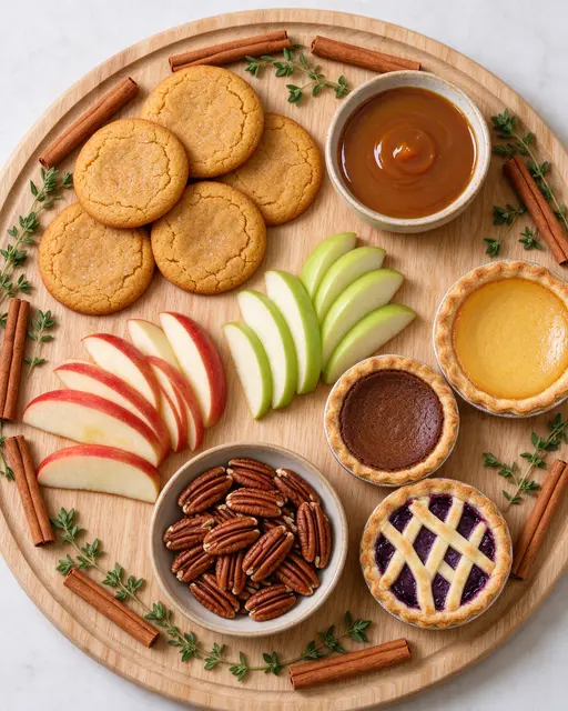Overhead view of a round wooden dessert board arranged with cookies, apple slices, dips, pecans and mini pies.